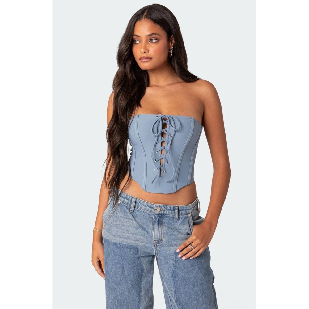 Edikted Blue Lace Up‎ Corset Top Strapless Boned Small NWT